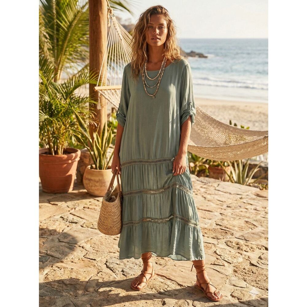 Made Italy Olive Silk Sheer Tiered Boho Midi Dress Roll Tab Sleeve Ladder Lace L